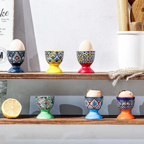 Miniatura 6 de HENXFEN LEAD Juego de 6 vasos de cerámica boho para huevos coloridos para huevos duros y suaves, aptos para microondas y lavavajillas, perfectos