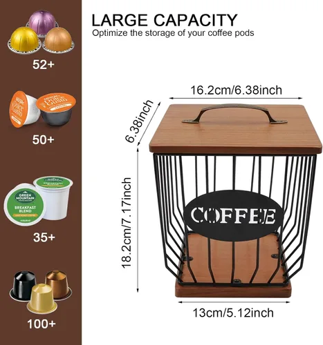 Miniatura 4 de Soporte cuadrado para cápsulas de café con tapa y base de madera, cesta de almacenamiento de cápsulas de café de alambre de gran capacidad