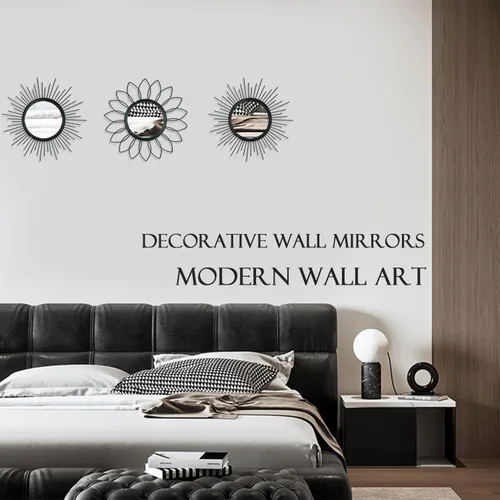 Miniatura 7 de Paquete de 3 espejos metálicos para pared, con diseño de rayos de sol, para decoración del hogar, arte decorativo para colgar en la pared para sala