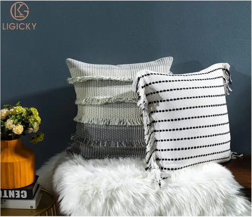 Miniatura 8 de LIGICKY Fundas de almohada decorativas para el hogar, estilo bohemio, con borlas, cuadradas, de algodón, a rayas, para sofá, dormitorio, sala