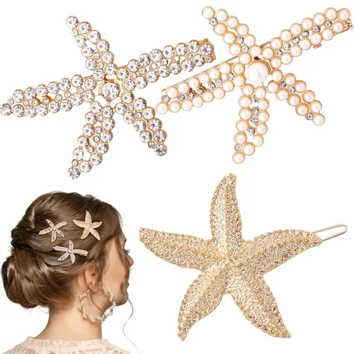 Miniatura 8 de PAGOW 3 pinzas para el cabello con estrellas de mar, pinzas de cristal con perlas de diamantes de imitación doradas, soporte para cola de caballo
