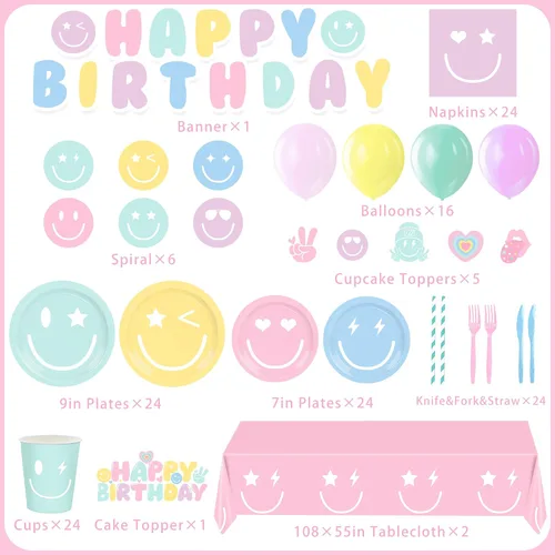 Miniatura 2 de 199 piezas de decoración de cumpleaños con cara sonriente y juego de platos temáticos y servilletas con temática de pastel sonriente, globo