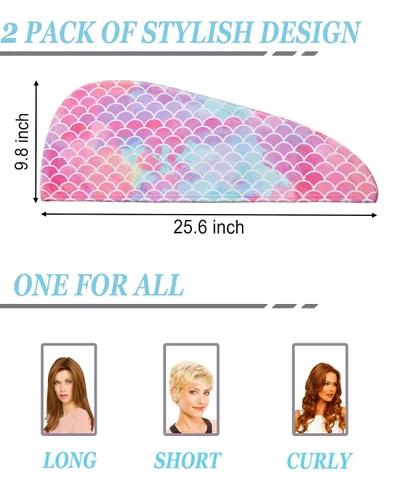 Miniatura 3 de Toalla de microfibra para el cabello para niños y niñas, paquete de 2 unidades de secado de turbante para mujeres, juego de toalla absorbente