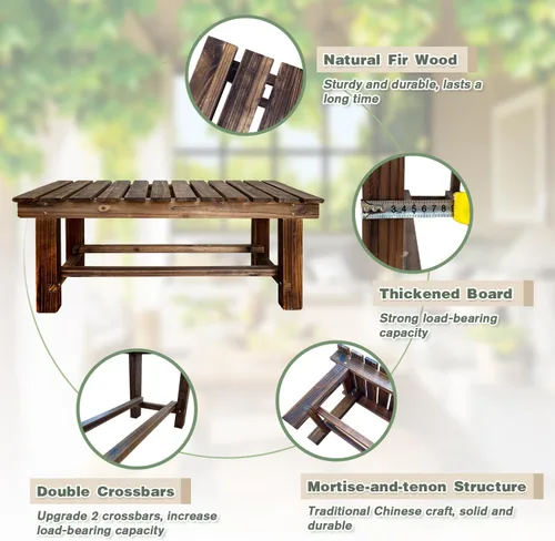 Miniatura 3 de Banco de Jardín al Aire Libre, Banco de Patio de Madera para 2 Personas, Banco Impermeable al Aire Libre Sin Respaldo, Bancos de Jardín Carbonized