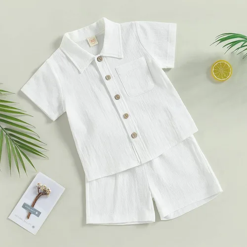 Miniatura 2 de BULINGNA Conjunto de 2 piezas de camiseta de manga corta con botones y pantalones cortos para bebé, algodón, lino, verano