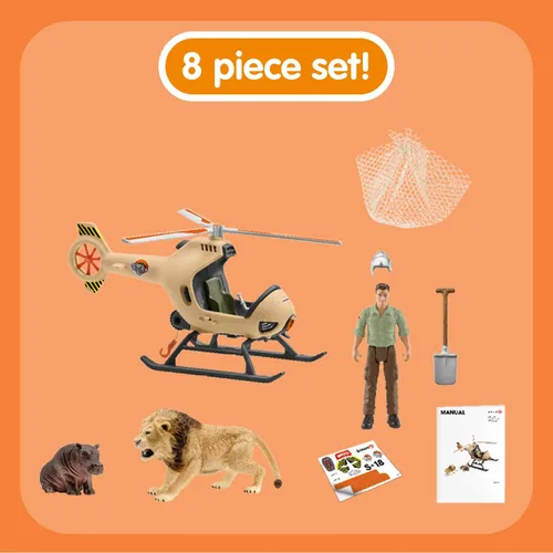 Miniatura 4 de Schleich Wild Life - Juego de helicóptero de rescate de animales de 8 piezas con figuras de león e hipopótamo, altamente detallado, duradero