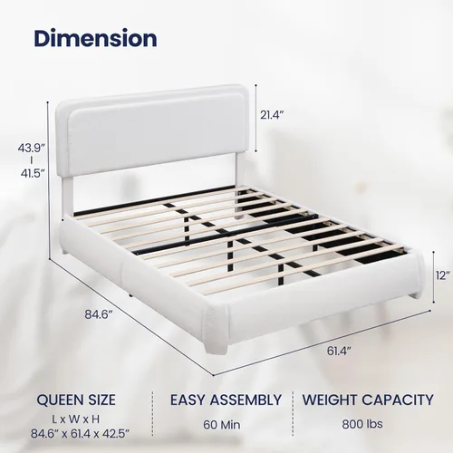 Miniatura 2 de Flolinda Base de cama tapizada de tamaño Queen con cabecera ajustable, plataforma moderna con listones de madera de tela Boucle, perfil bajo,