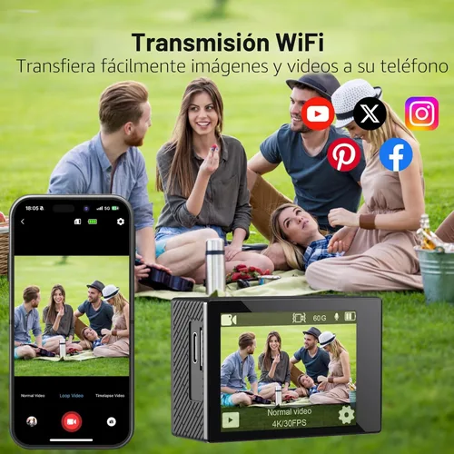 Miniatura 5 de Cámara de acción 4K 30FPS Cámara impermeable subacuática 131 pies con aplicación EIS WiFi Control remoto Tarjeta de 64 GB 170 ° Gran Angular Casco