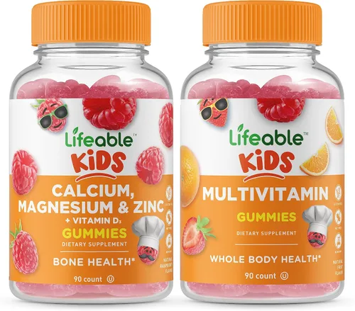 Lifeable Paquete de gomitas de calcio, magnesio y zinc para niños + multivitamínicos para niños, gran sabor, suplemento vitamínico, sin gluten, sin