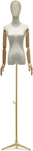 Maniquí de forma de vestido femenino ajustable con soporte de trípode, brazos y cabeza desmontables para costura, ropa y exhibición de joyas, dorado