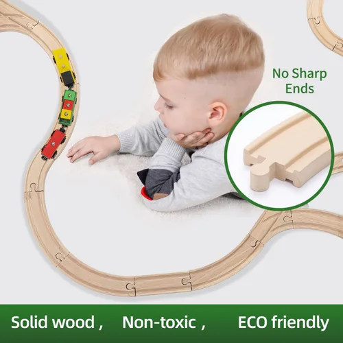 Miniatura 6 de Juego de 62 vías de tren de madera, accesorios de sistemas ferroviarios de madera, paquete de expansión con tren + grúa, para niños de 3 a 10 años