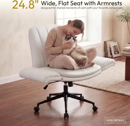 Miniatura 4 de Dowinx Silla Criss Cross con brazos ajustables de cinco niveles y ruedas - Cómoda silla giratoria de cuero sintético ergonómica para tocador - Silla