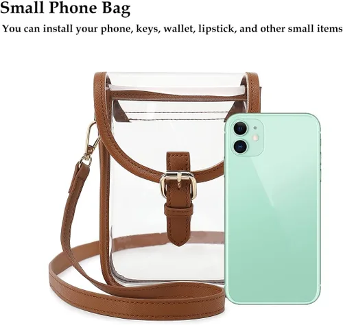 Miniatura 5 de FAIME Pequeña bolsa transparente aprobada para estadios, bolsa cruzada transparente para teléfono celular con correa ajustable para conciertos Marrón