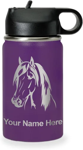 Miniatura 35 de LaserGram Botella de agua personalizada, cabeza de caballo 1, acero inoxidable de doble pared aislada al vacío con popote superior, regalo grabado