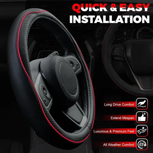 Miniatura 4 de Ouzorp Funda universal para volante de automóvil, de piel de microfibra con forro antideslizante, 14.5-15 pulgadas, color negro con línea roja
