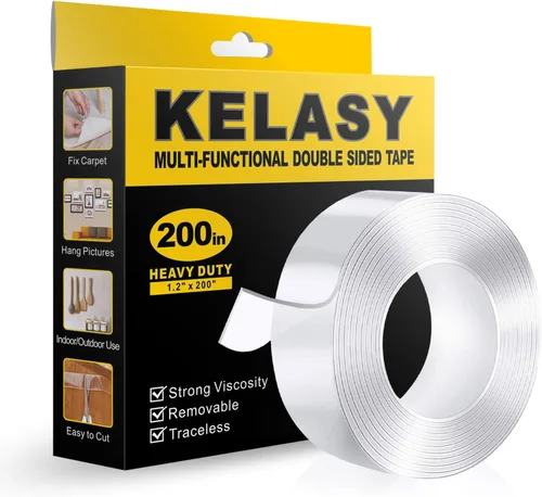 Kelasy Cinta de doble cara extra grande, resistente, 1.2 x 200 pulgadas, cinta de montaje nanoadhesiva, transparente, fuerte agarre adhesivo para