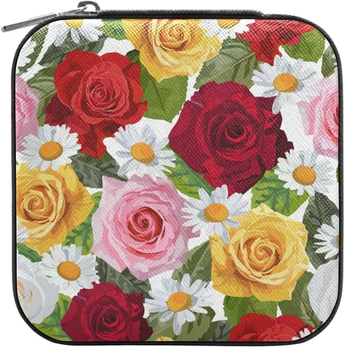 Kigai Rose Daisy Travel Jewelry Box Organizer for Women, PU Leather Portable Small Jewelry Storage Holder Box for Earrings Rings Necklaces Bracelet