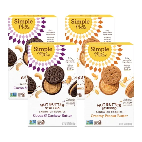 Simple Mills Paquete variado de galletas sándwich (crema cremosa de mantequilla de maní y cacao, anacardos creme), sin gluten, veganas, bocadillos