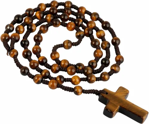 Miniatura 2 de TUMBEELLUWA Collar de cuentas con colgante de cruz para hombres y mujeres, collar con rosario católico anudado a mano