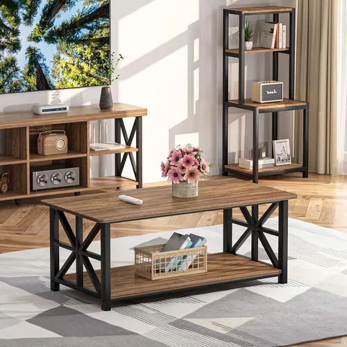 Miniatura 7 de GreenForest - Mesa de café con esquina redonda, mesa central de granja con estante de almacenamiento de 2 niveles y diseño de marco en X para sala