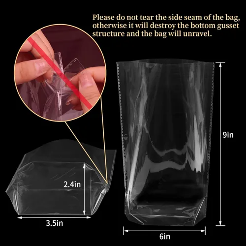 Miniatura 2 de Giftvest 50 bolsas de celofán transparente con fuelle de 6 x 9 pulgadas, bolsas de plástico para envolver regalos con cinta de satén dorada