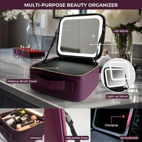 Miniatura 2 de ZEVGANI Bolsa de maquillaje de viaje con estuche de cosméticos de luz LED, estuche de maquillaje portátil con espejo iluminado, bolsa organizadora