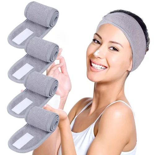 Miniatura 8 de Diademas faciales de spa, 4 piezas, maquillaje, ducha, baño, diadema deportiva, toalla elástica de tela de rizo con cinta mágica (negro)