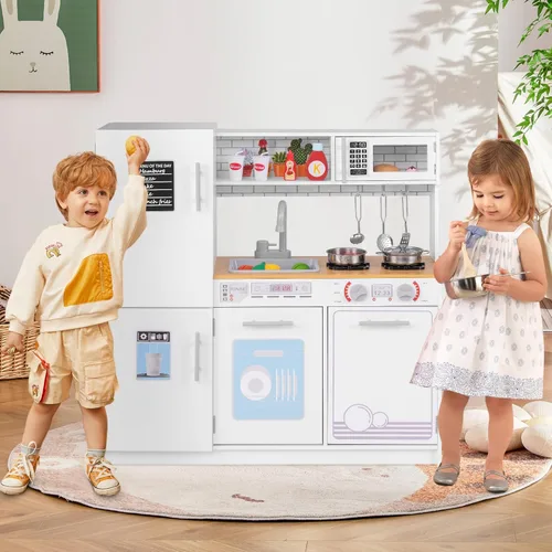 Miniatura 4 de HONEY JOY Juego de cocina para niños, cocina de madera de pequeño chef de simulación con pizarra, gran gabinete de almacenamiento, estufa, grifo