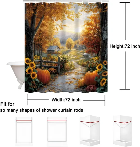 Miniatura 7 de Cortina de ducha de otoño, decoración de baño de árbol de calabaza, 72 x 72 pulgadas, tela de poliéster, cortina de baño impermeable con 12 ganchos