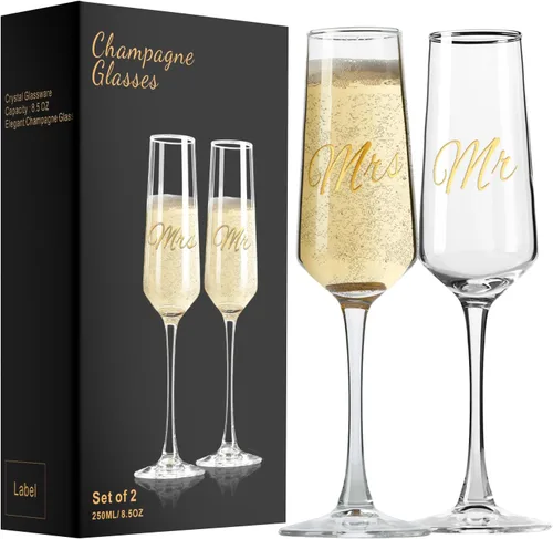 PARACITY Mr and Mrs - Juego de 2 copas de champán para novia y novio, regalos de despedida de soltera, regalo de compromiso, 8.5 onzas