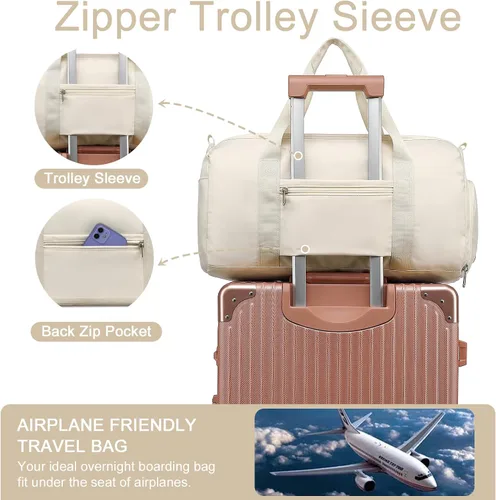 Miniatura 5 de Bolsa de viaje deportiva para gimnasio para hombres y mujeres con compartimento para zapatos, bolsillo húmedo, Beige puro, Moda