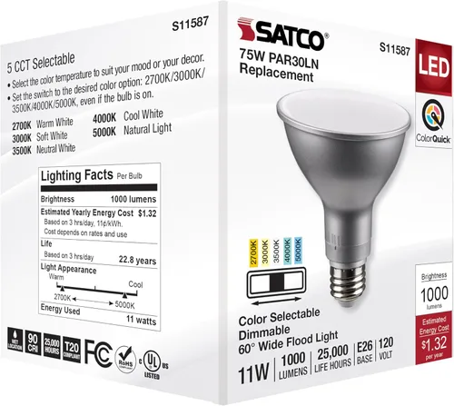 Miniatura 8 de Satco S11587 PAR30LN LED de 11 vatios con base media, acabado plateado, CCT seleccionable, ángulo de haz de 120 voltios y 60 grados (6 bombillas LED)