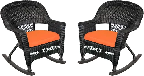 Miniatura 4 de Jeco Juego de 3 sillas de mimbre Rocker con cojín naranja, color negro