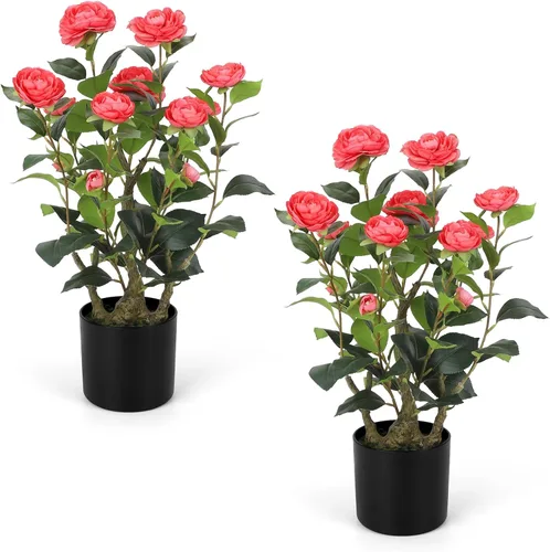 Miniatura 21 de Romantic Season 2FT Orange Artificial Camellia Tree 2Pack, Faux Camellia Plant Fake Potted Camellia Flower Tree for Modern Home Office Living Room