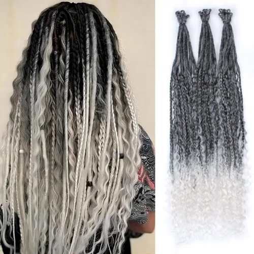 Miniatura 15 de Extensiones de rastas trenzadas bohemias de 24 pulgadas, 10 hebras de rastas sintéticas rizadas color marrón degradado con trenza de caja, rastas