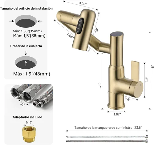 Miniatura 3 de Lefton Grifo giratorio para baño con pantalla de temperatura en Fahrenheit (sin baterías), 3 modos de agua, oro cepillado, BF2204-6