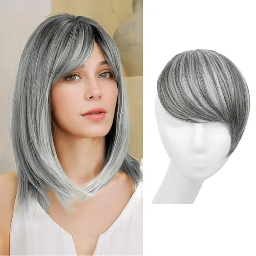 Miniatura 16 de SARLA Flequillo lateral negro marrón con clip en piezas de cabello sintético, extensión de flequillo recto para mujeres