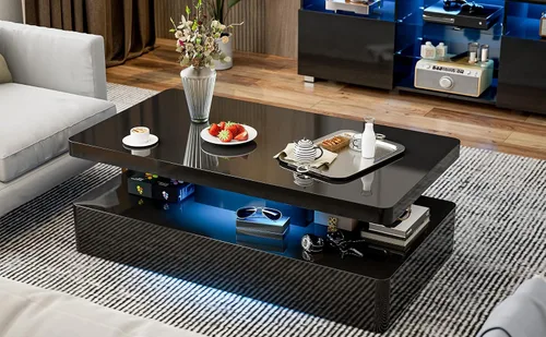 Miniatura 6 de Mesa de centro LED moderna, mesa de centro negra de alto brillo con luces LED de 16 colores, rectangular, 43.3 x 23.6 x 15.4 pulgadas Negro