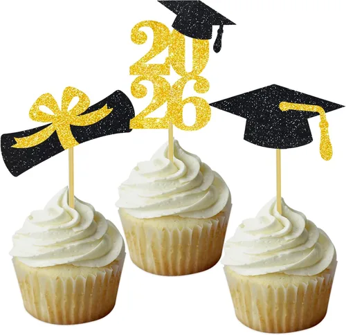 Miniatura 15 de Decoración para cupcakes de graduación, decoración de fiesta de graduación, selecciones de alimentos, felicitaciones, tapa de diploma con purpurina