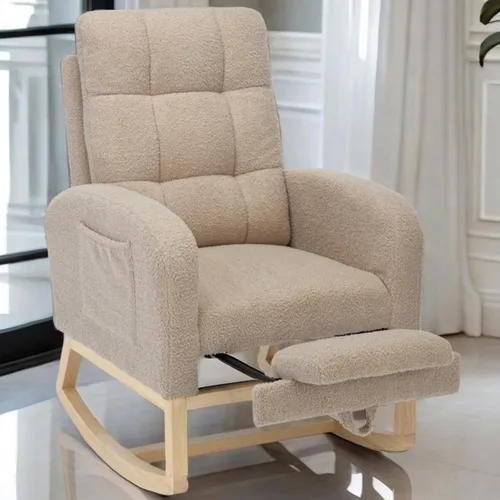 Rosevera Mecedora para guardería con reposapiés ajustable para sala de estar, tela de peluche, patas de madera maciza, cómodo sillón con respaldo