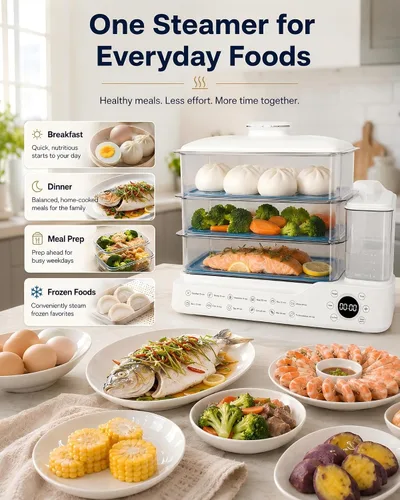 Miniatura 9 de Vaporizador eléctrico de alimentos de 24 litros, vaporizador digital de 3 niveles con inicio de retraso de 24 horas, mantiene el calor, tanque