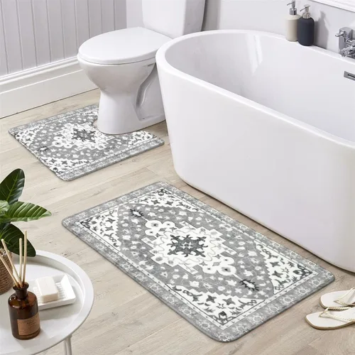 Miniatura 9 de Uphome Juego de 2 tapetes de baño bohemios vintage, antideslizantes, suaves, lavables a máquina, oriental estético, tapete de baño tradicional