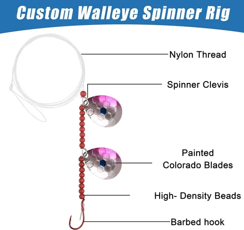 Miniatura 2 de Walleye Spinner Rig Kit, paquete de 5 arneses sobre orugas Walleye Rig pre-aparejado plataformas de cebo vivo Colorado spinners cuchillas giratorias