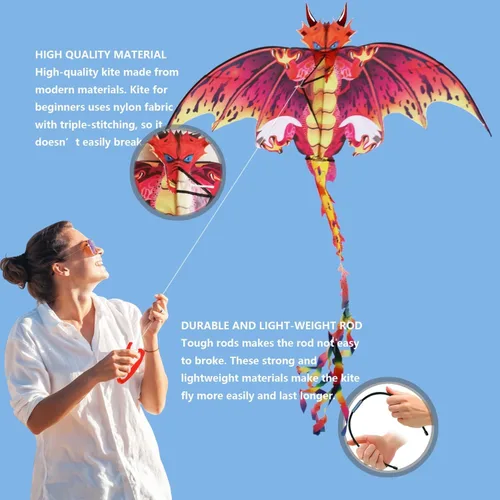Miniatura 3 de eyijklzo Cometa de dragón verde hermosa y fácil de volar para niños y adultos con cola larga y colorida, accesorios fáciles de volar