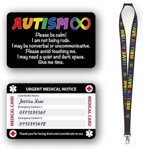 Miniatura 13 de Tarjeta médica de concientización no verbal para autismo, autista, con panel para escribir y cordón con patrón de autismo con tarjetero impermeable