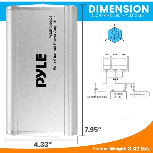 Miniatura 4 de Pyle Sistema de amplificador de audio resistente a la intemperie de 4 canales: puente máximo de 1200 W, estéreo de 800 W máximo diseñado para ATV
