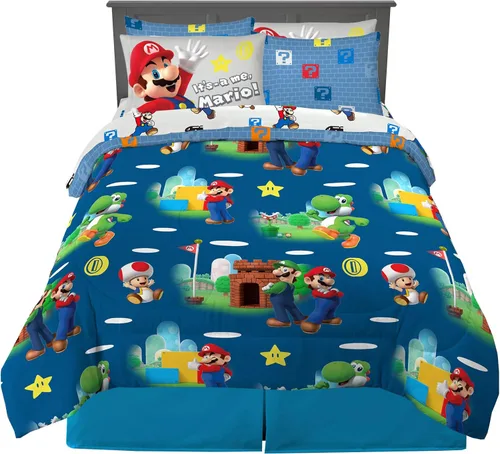 Franco - Juego de ropa de cama para niños supersuave, edredón y juego de sábanas con funda de almohada, 7 piezas, tamaño matrimonial, Mario