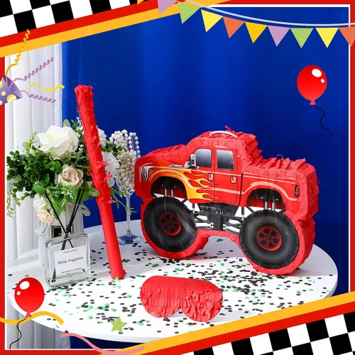 Miniatura 3 de Sratte Piñata de camión para niños, decoraciones de fiesta de cumpleaños, piñata de coche de carreras de monstruos con palo para los ojos vendados