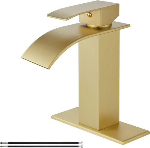 Airuida Grifo de Lavabo de Baño con Caño de Cascada de Oro Cepillado de Una Sola Manija, Un Solo Orificio, Grifo Mezclador de Lavabo para RV,