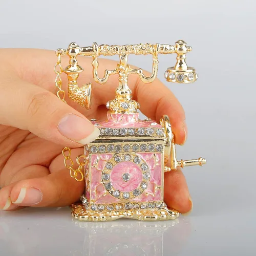 Miniatura 7 de SEVENBEES Figuras de teléfono turquesa, caja esmaltada con bisagras con cristales rosados, joyeros decorativos, coleccionables, regalos para niñas